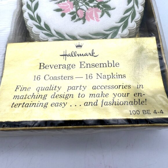 Vtg Hallmark Beverage Ensemble Coasters & Napkins Set Pink Rose Floral NIB - Picture 3 of 10